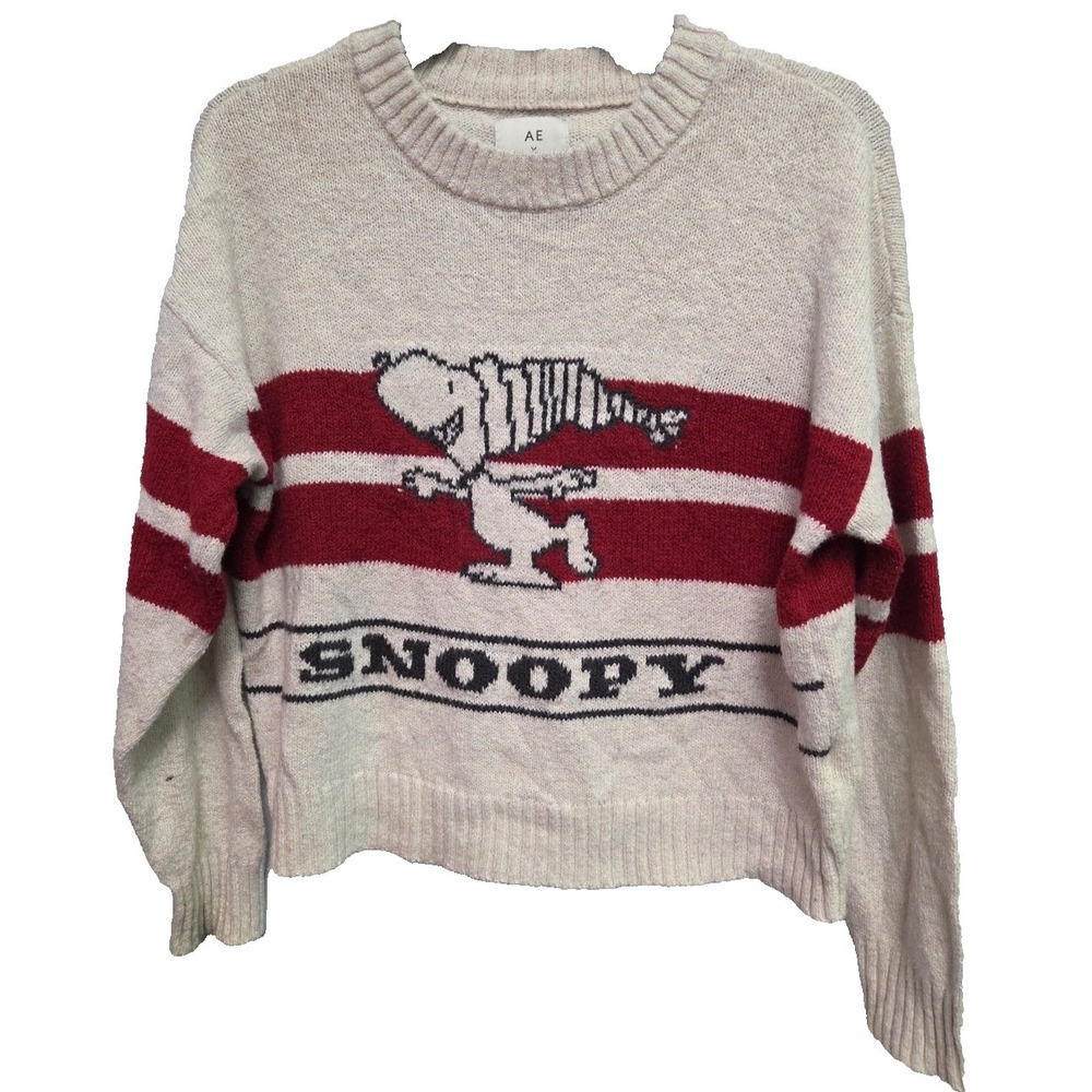 AE x Peanuts Snoopy Graphic Cropped Sweater Small‎ Limited Edition Beige/Red